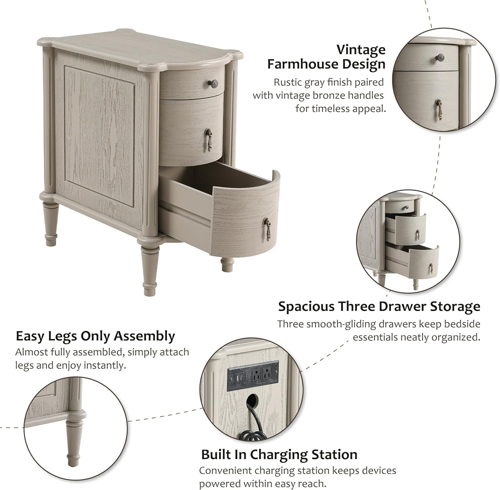COZAYH Farmhouse 3 Drawer Nightstand with Charging Station, Bedside Table wit...