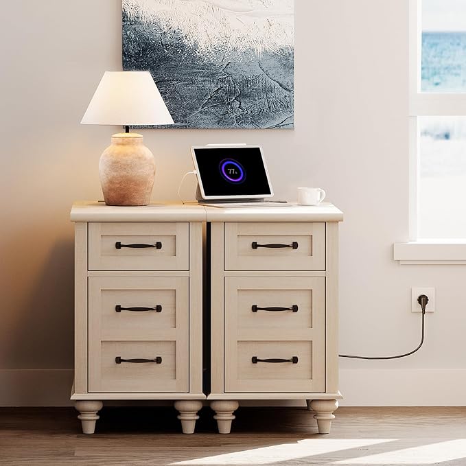 WAMPAT Set of 2 End Tables with Charging Station, Beige Tall Side Table with ...