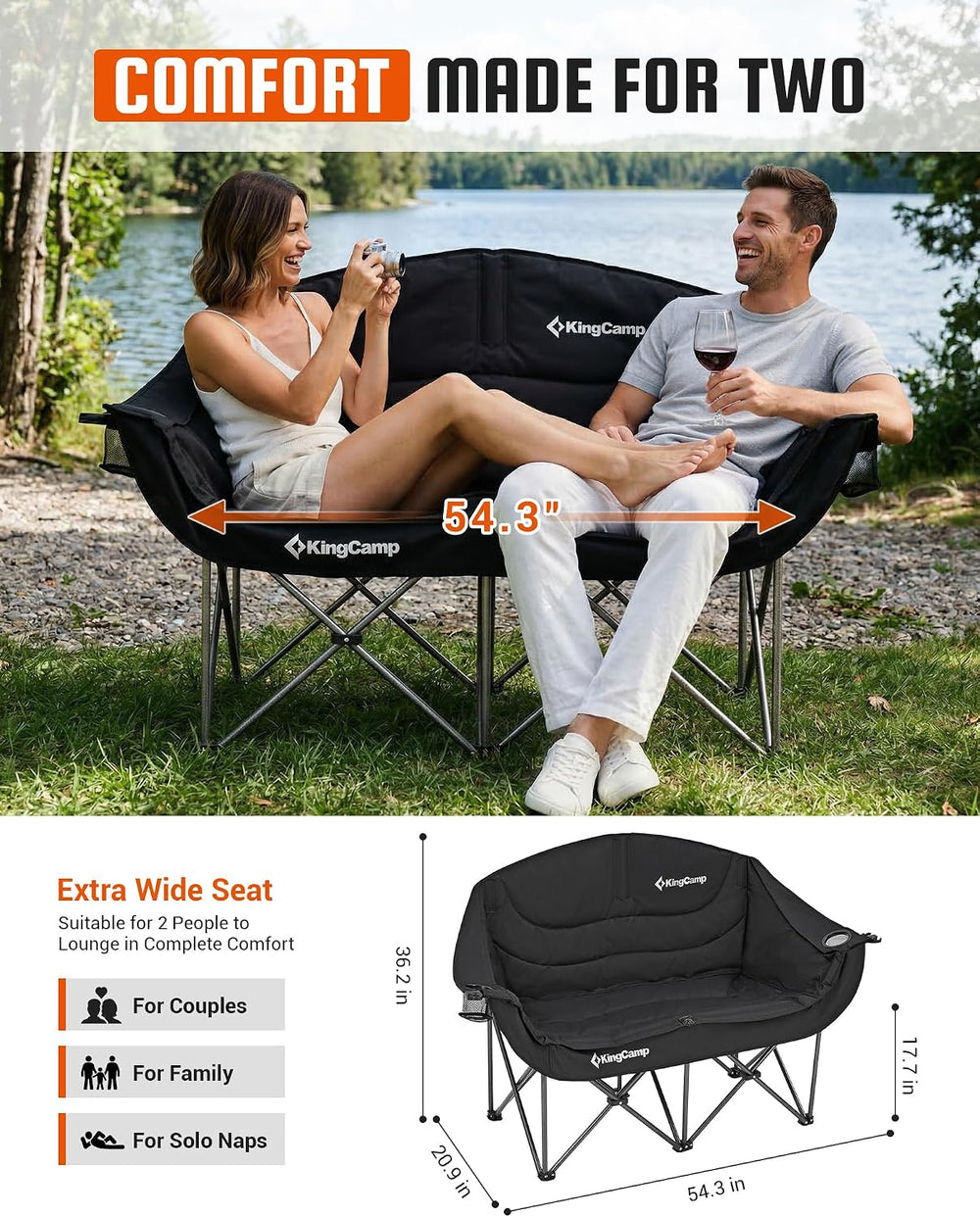 KingCamp Double Camping Chair, Heavy Duty 660lbs Folding 2 Person Chair | Por...