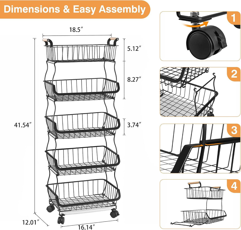VECELO 5-Tier Fruit Basket with Wheels, Fruit and Vegetable Storage Cart for ...