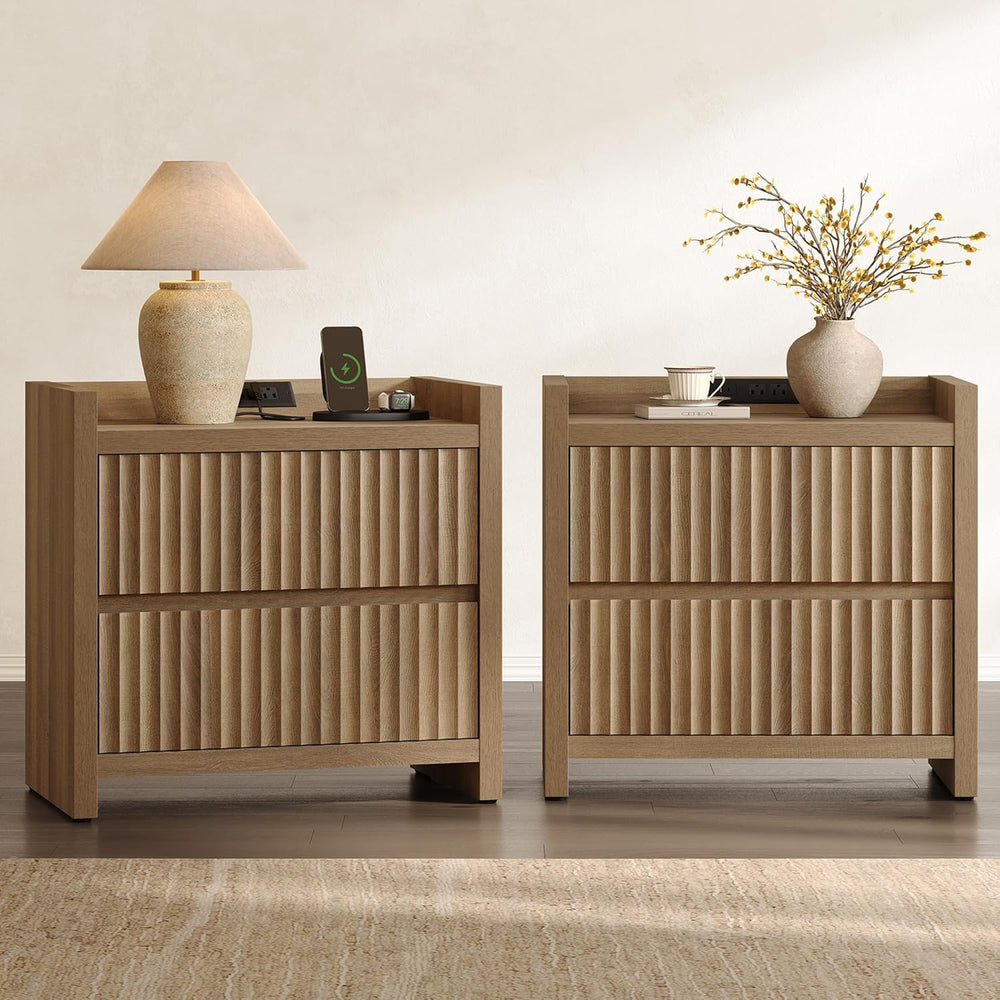 SICOTAS Night Stand Set 2 with Charging Station, Fluted Nightstands | Large M...