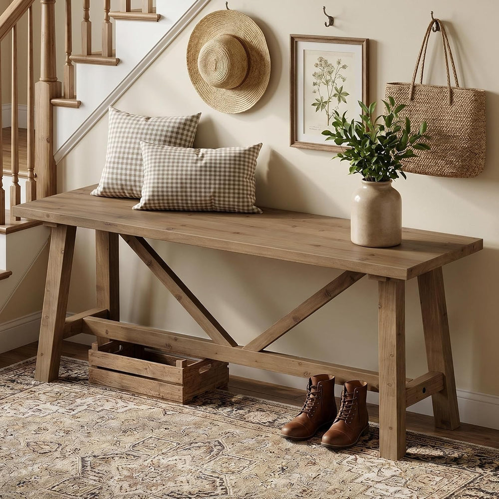 Wnutrees 43" Farmhouse Solid Wood Bench, Narrow Long Seat, Natural | Ent...