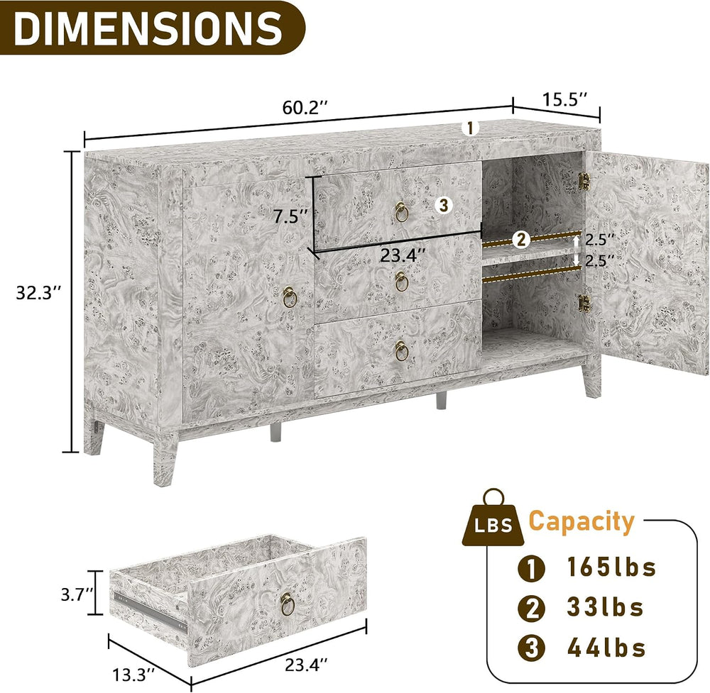 LUXOAK 60'' High Gloss Burl Wood Buffet Sideboard, Storage Cabinet wi...