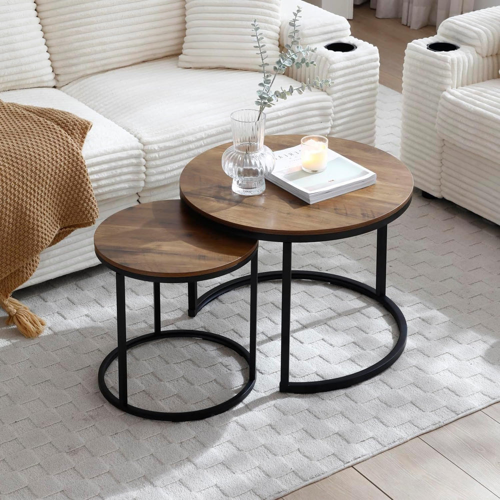 Nesting Coffee Table Set of 2, Round Coffee Table w/Wood Grain Top, Modern Li...