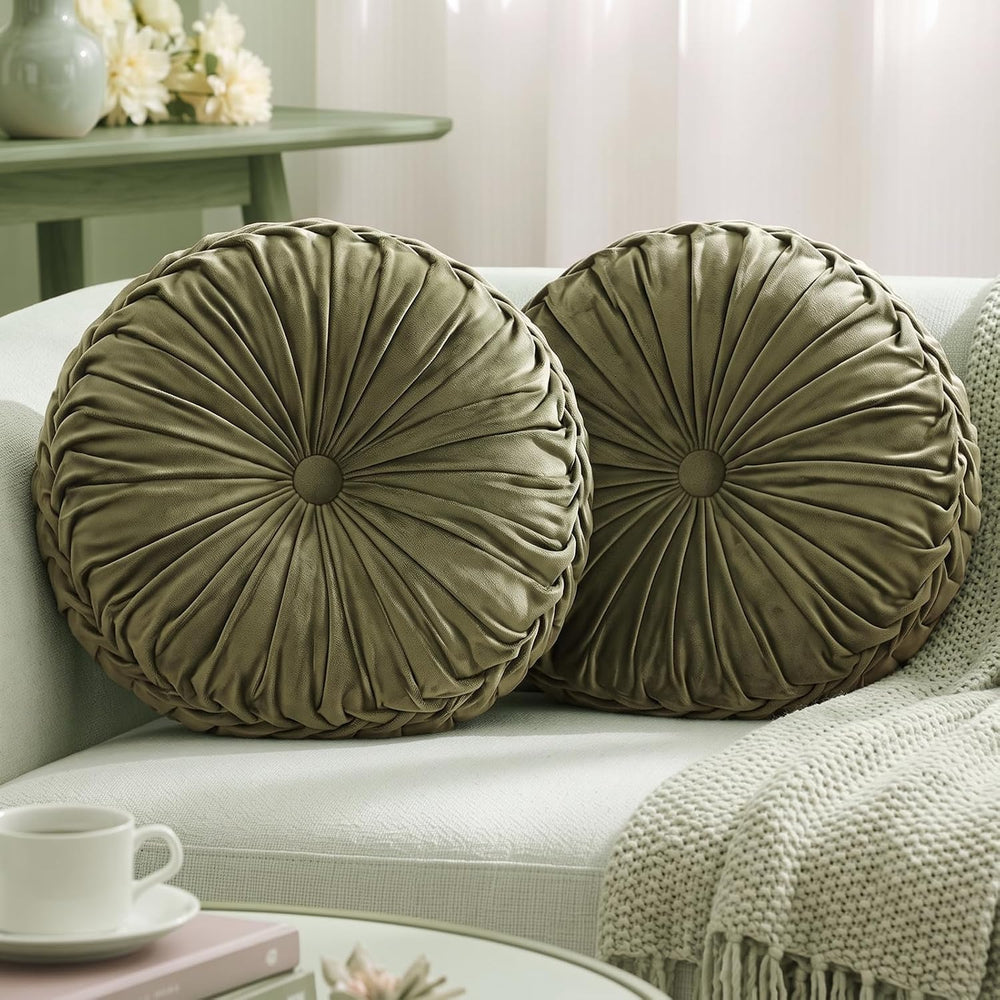 Drydiet 2 Pcs Round Throw Velvet Pillow (Dark Olive Green, 15'')