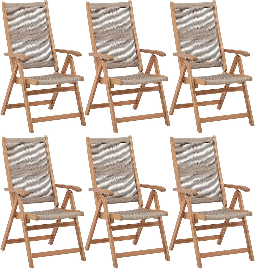 Folding Patio Chair Set of 6, Wooden Rope Recliner, Beige