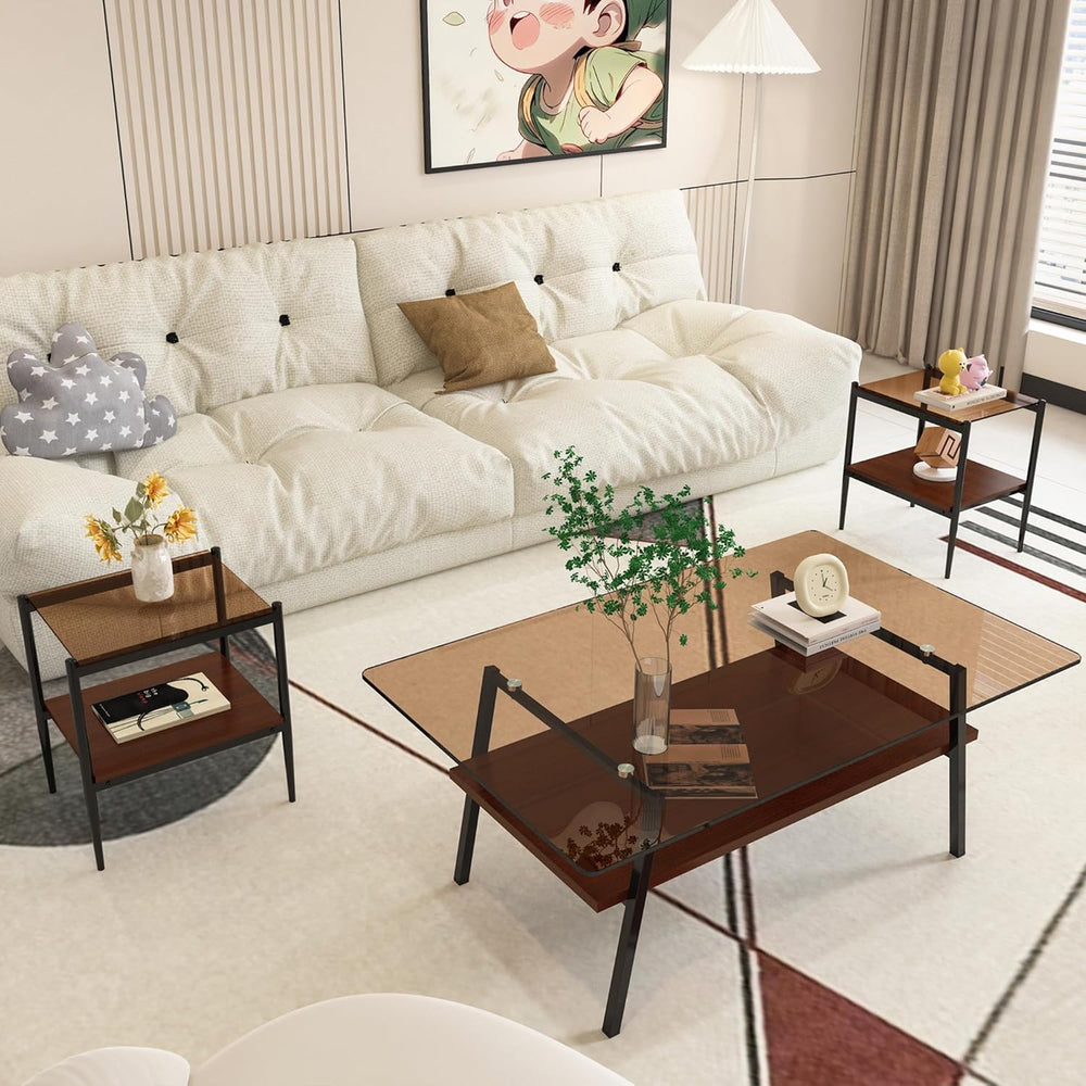 Glass End Table Set of 2, Rectangle Living Room Sofa Side Table, with BrownTe...