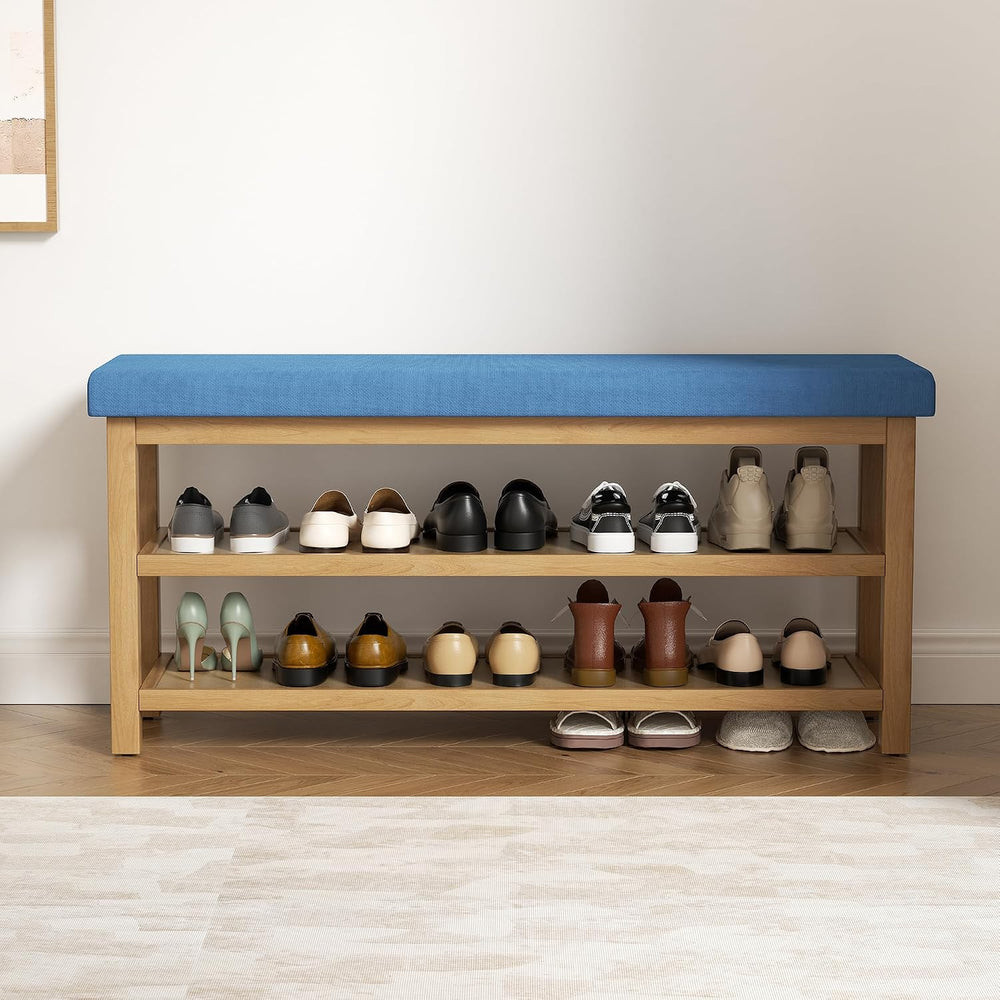 2 Tier Shoe Rack Bench with Cushion, Rubberwood Shoe Benches, Mid-Century Mod...