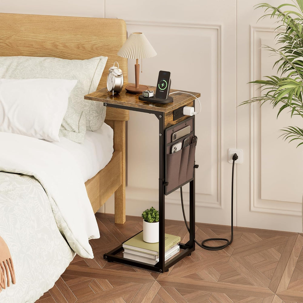Vagusicc C Shaped End Table with Charging Station, Adjustable Height Side Tab...