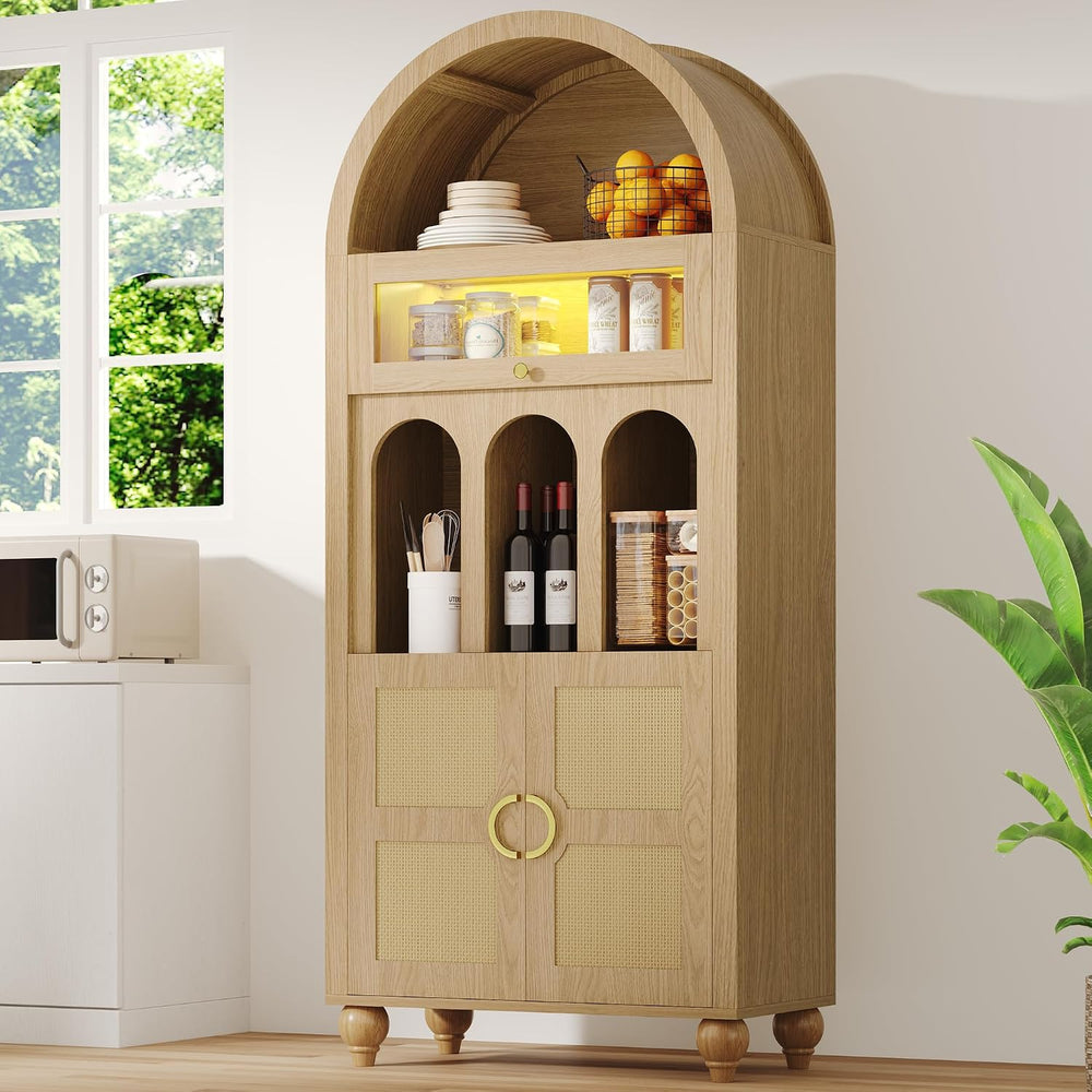LIKIMIO 72.8'' Tall Arched Cabinet with LED Light, Rattan Door, Natur...