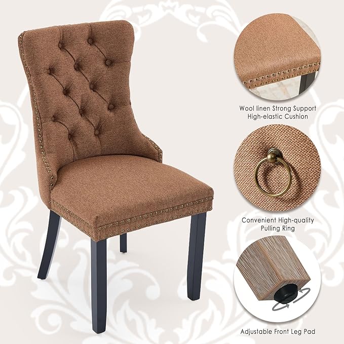 Linen Upholstered Dining Chairs Set of 2, Modern Style Kitchen Side Chairs wi...