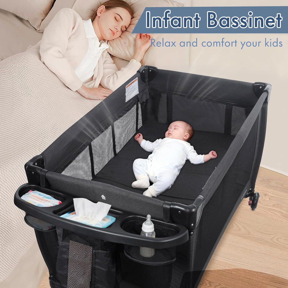 5-in-1 Pack and Play with Bassinet & Changing Table, Black