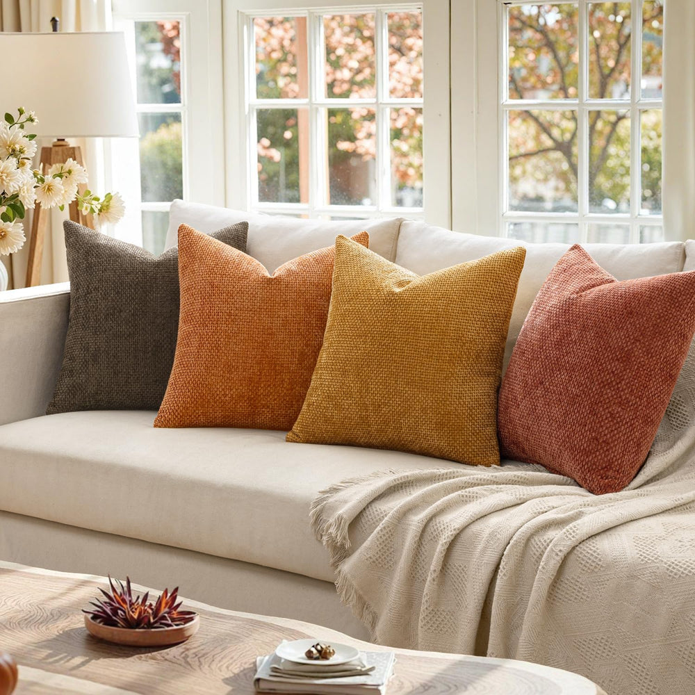 MIULEE Decorative Chenille Fall Pillow Covers Orange Brown 18x18 Pack of 4