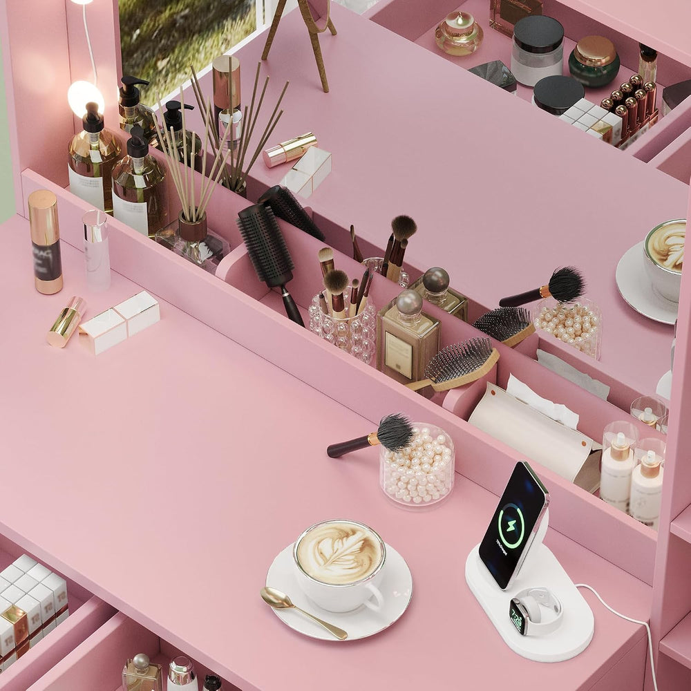 Makeup Vanity with Lights & Charging Station, Pink Vanity Table with 5 Dr...