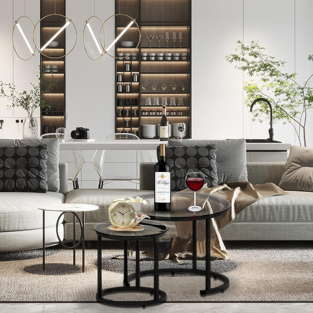 aboxoo Black Nesting Coffee Glass Table Set of 2, Metal Freme Side End Tables...