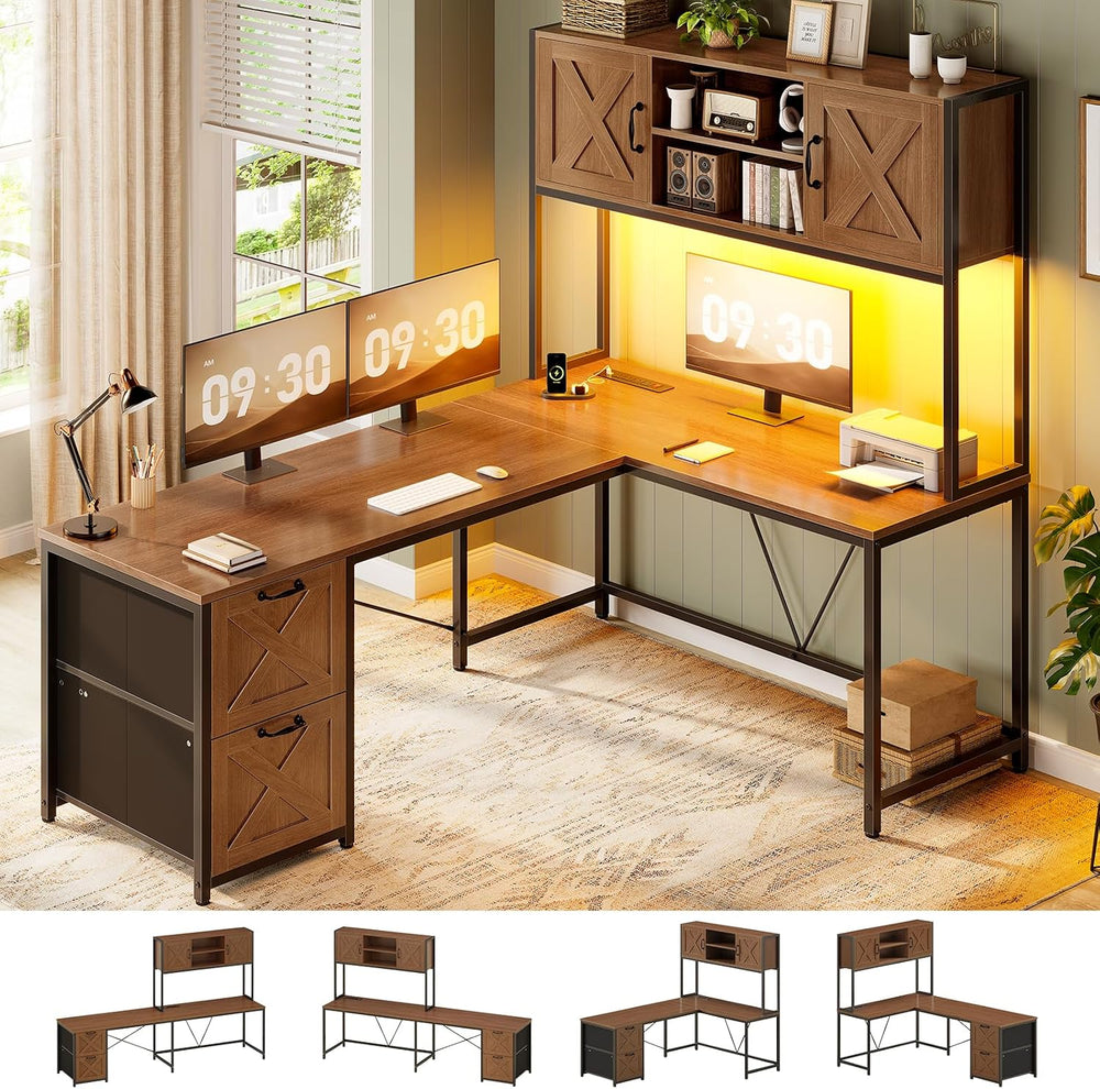 SEDETA Reversible Farmhouse L Shaped Office Desk with Drawer, Hutch