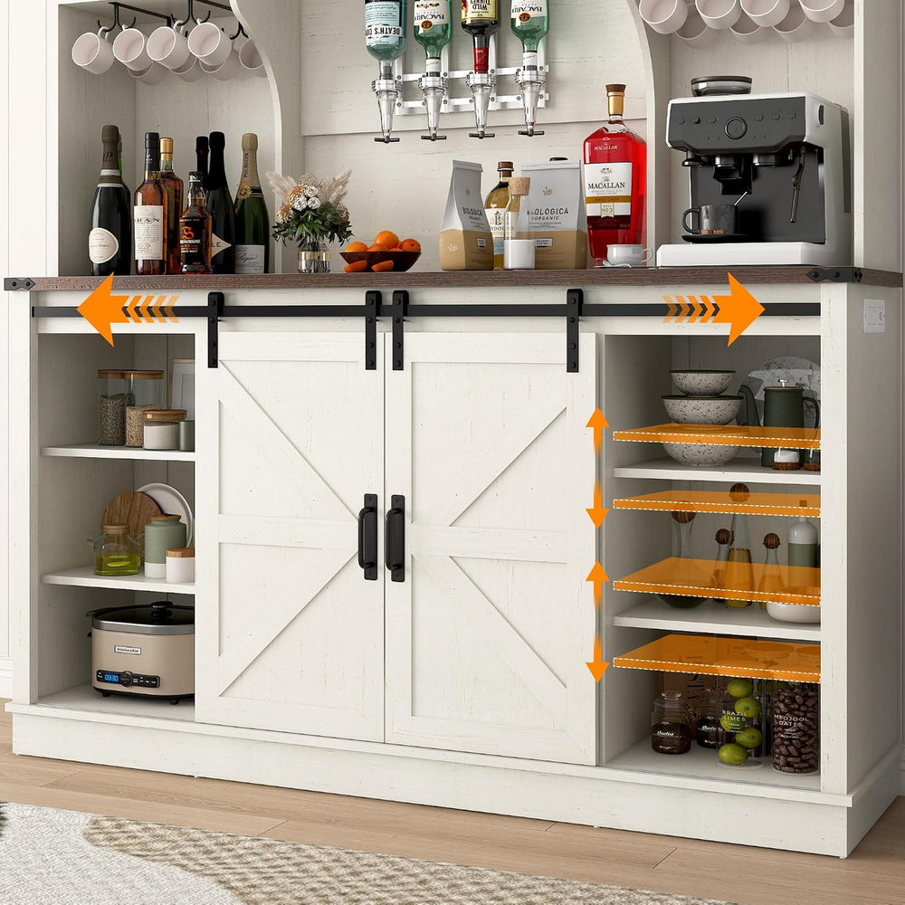 Farmhouse Coffee Bar Cabinet with LED Light, Charging Station & Sliding B...