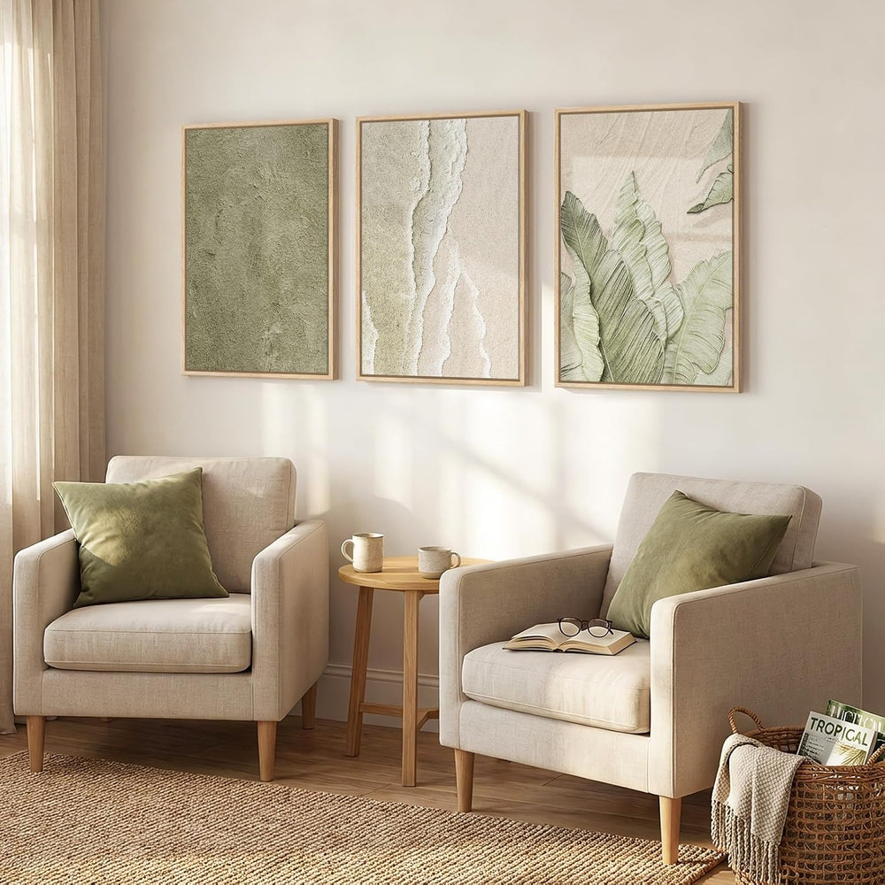 Framed Abstract Sage Green 3 Piece Wall Art for Living Room, 16x24 In