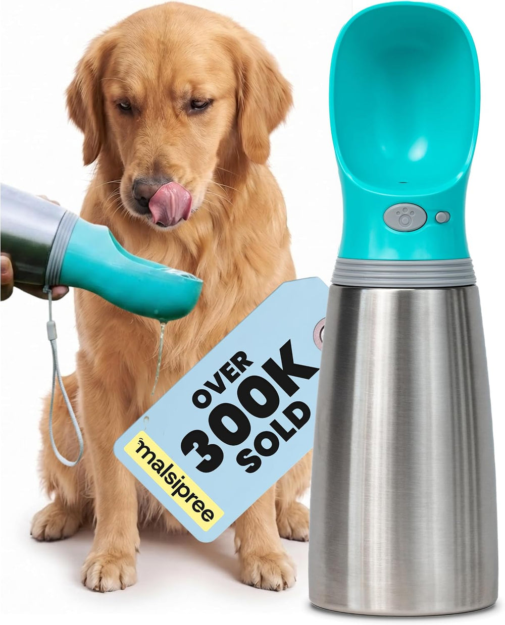 Malsipree Insulated Dog Water Bottle Portable, Leakproof Steel, Blue 24oz