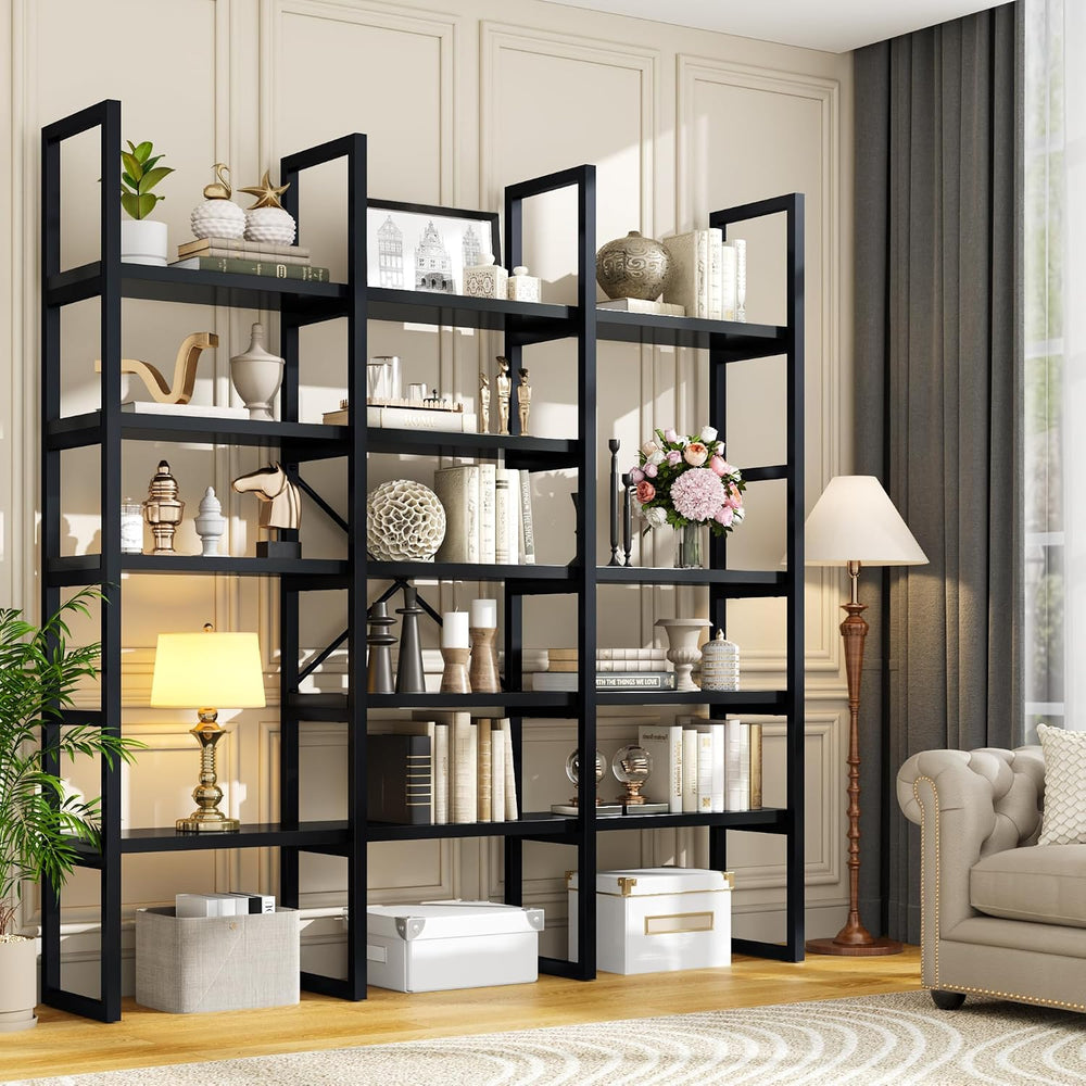 Large Bookshelf 5 Tiers, Triple Wide Geometric Bookcase, 71 Inches Tall Indus...