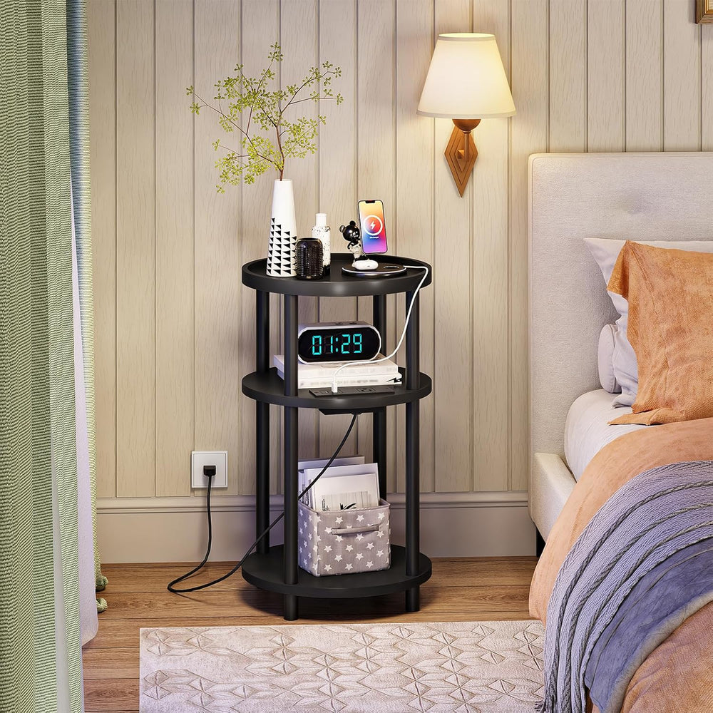 HOOBRO Small Round Side Table with Charging Station, 3-Tier Round Bamboo End ...