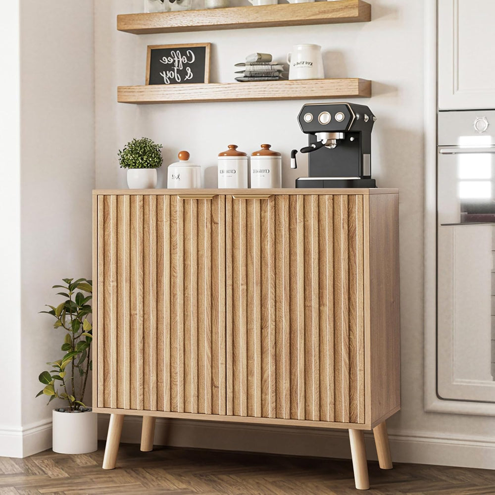 Fluted Buffet Cabinet, Free Standing Sideboard with Storage, Wood Accent Cabi...