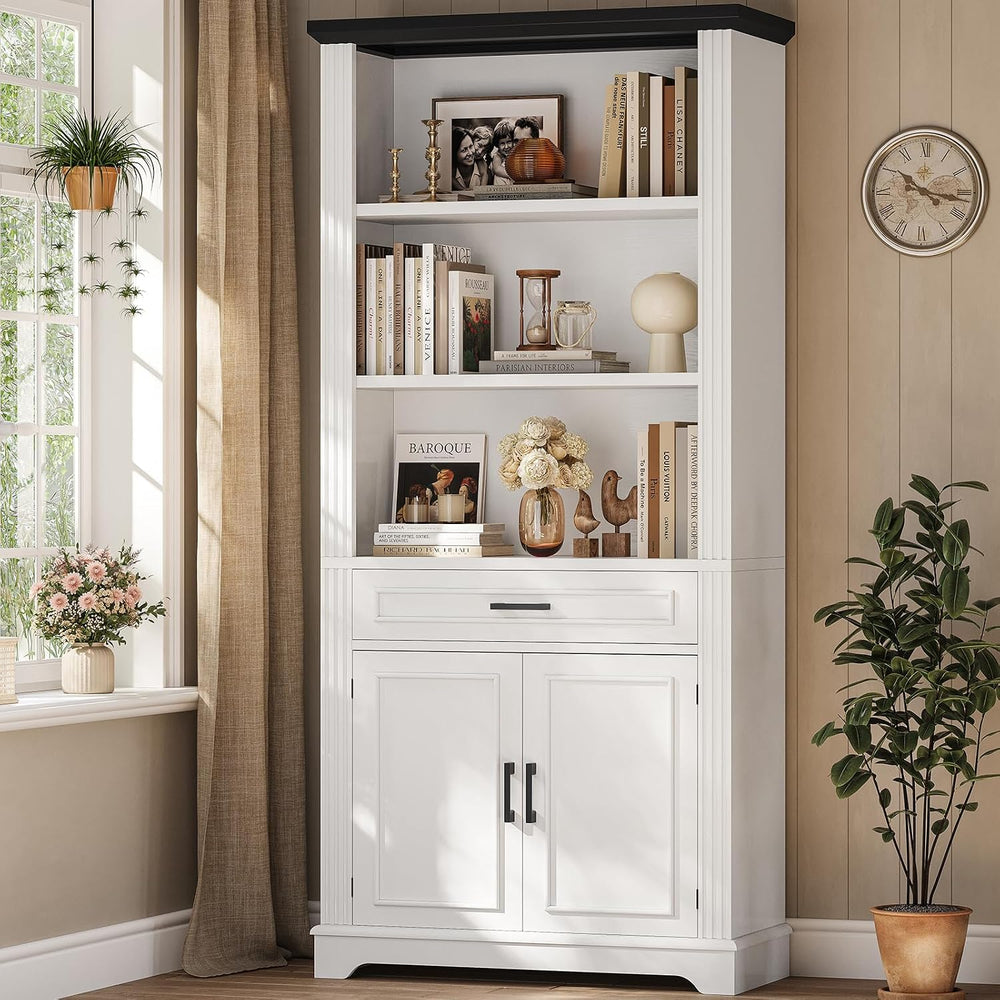 SEDETA Farmhouse Bookshelves and Bookcases with Doors, Drawer, White