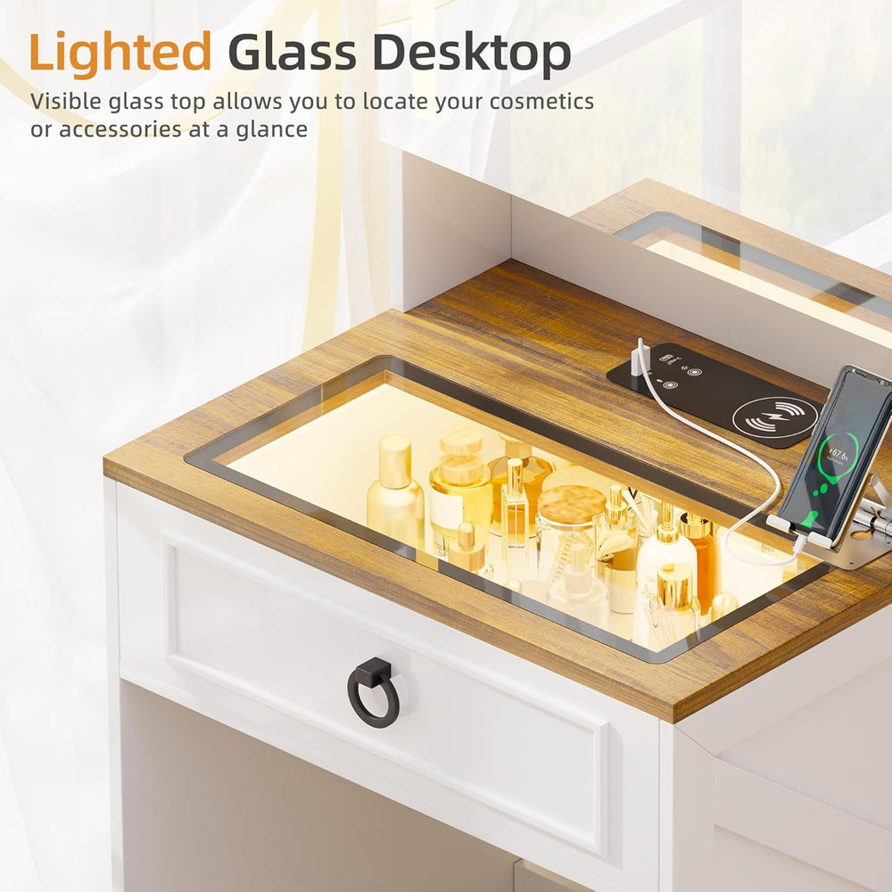HNEBC 58" H Vanity Desk - with 3-Color Lights and Mirror,4-in-1 Compact ...