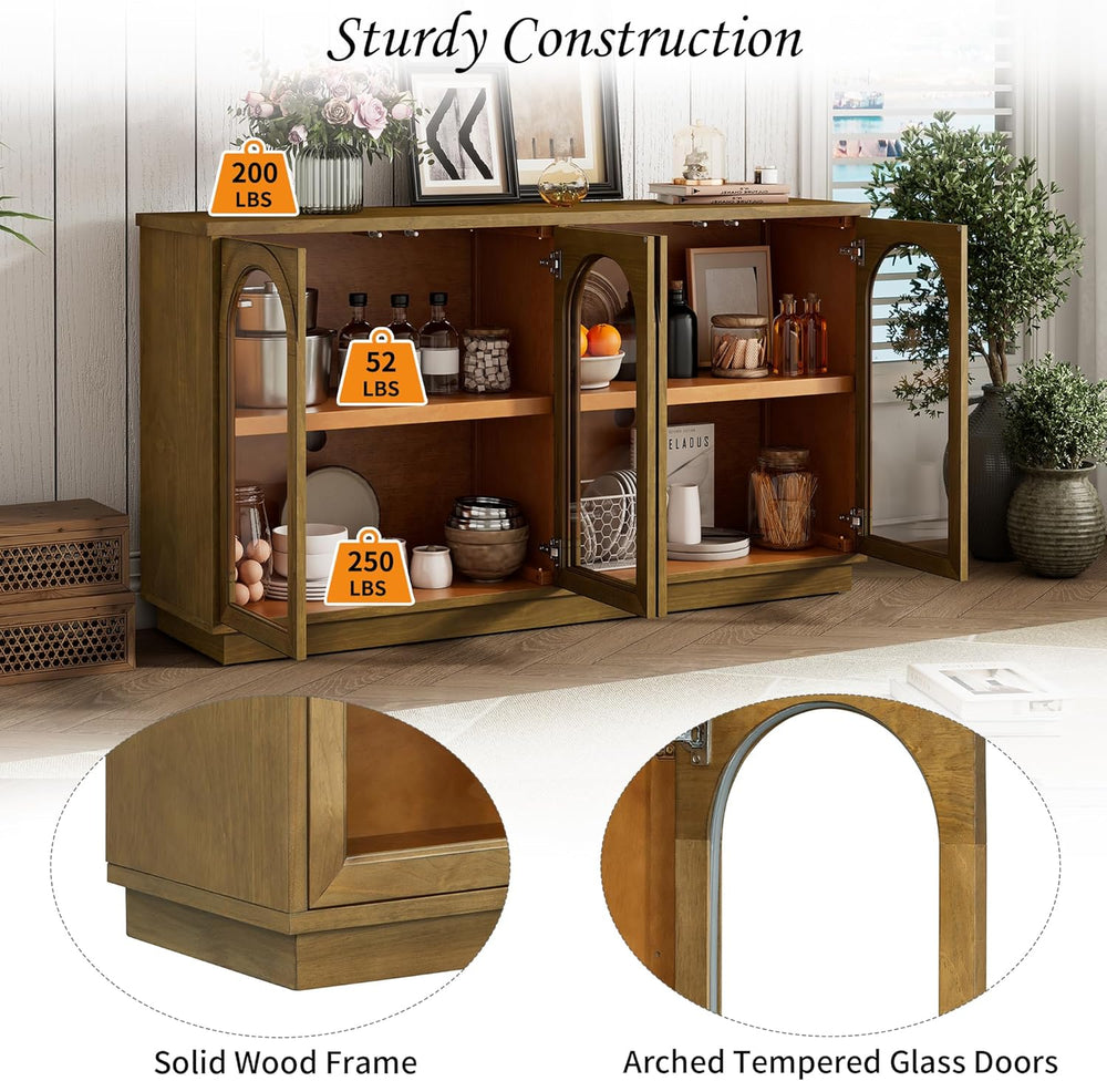SOFTSEA Farmhouse 58" Sideboard with Adjustable Shelves, Glass Arch Buff...
