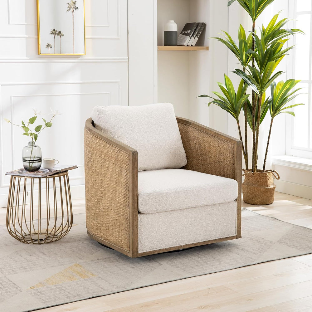 Anwick Brown Swivel Barrel Chair & Rattan Accent Chair, Modern Club Chair...