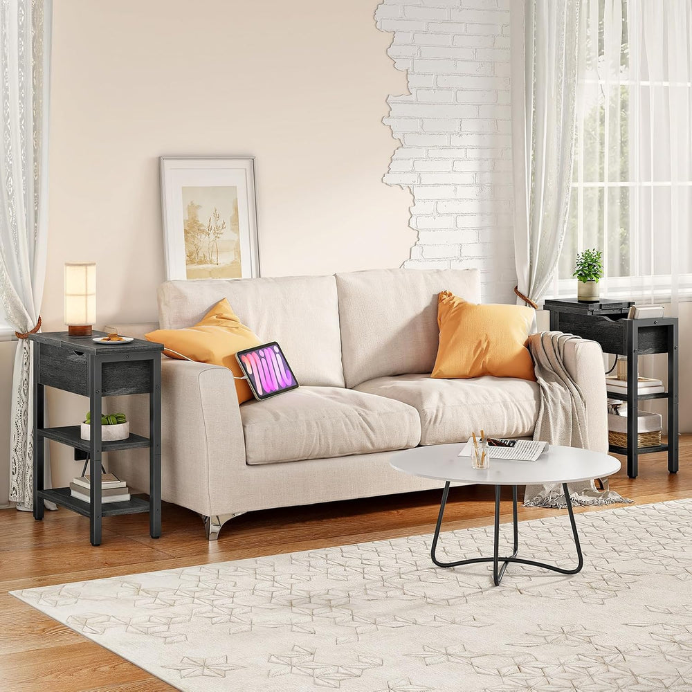 HOOBRO End Table with Charging Station, Narrow Side Table, Flip Top Nightstan...