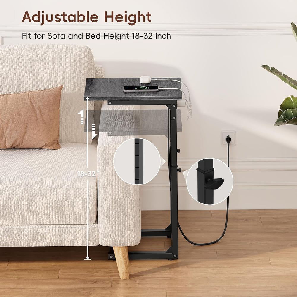 Vagusicc C Shaped End Table with Charging Station, 33" Tall Side Table f...