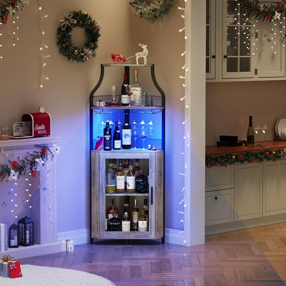 GAOMON Corner Bar Cabinet with LED Strip and Glass Holder, Industrial Wine Ca...