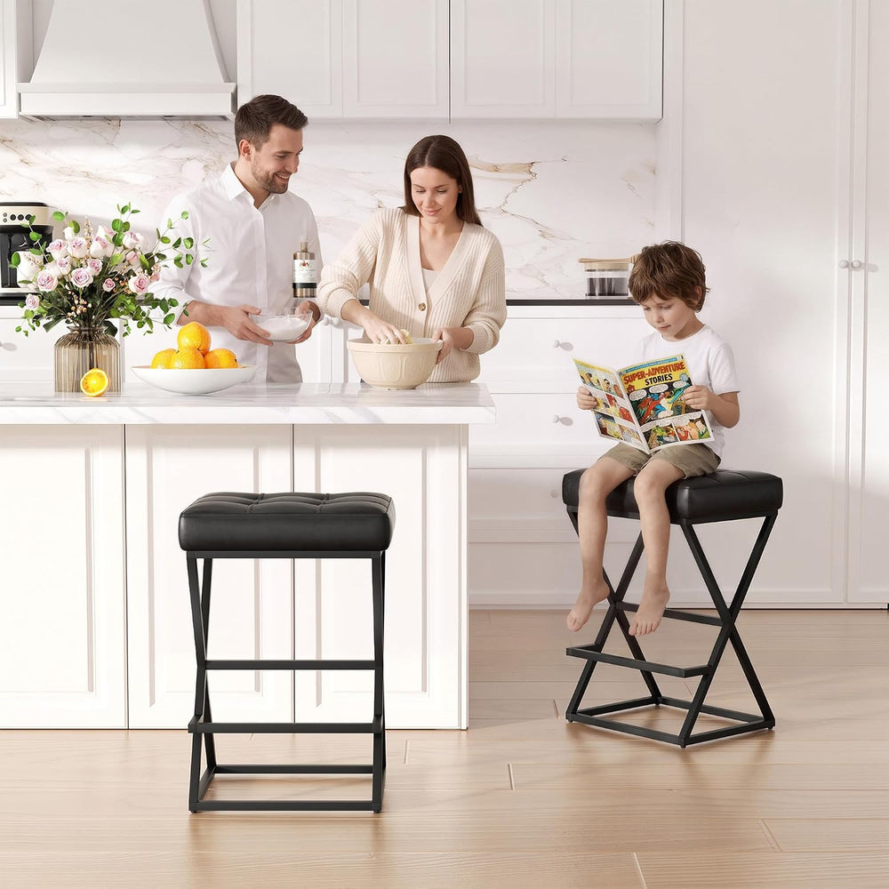 Bar Stools Set of 2, 26" Leather Counter Height Bar Stools, Black