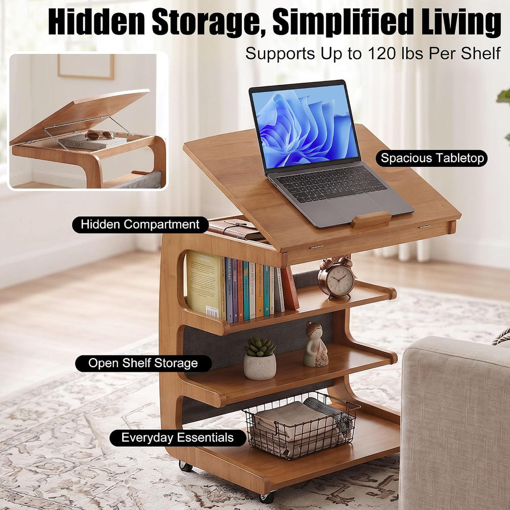 100% Solid Wood C Shaped End Table with Swivel Wheels, Lift Top Couch Table w...