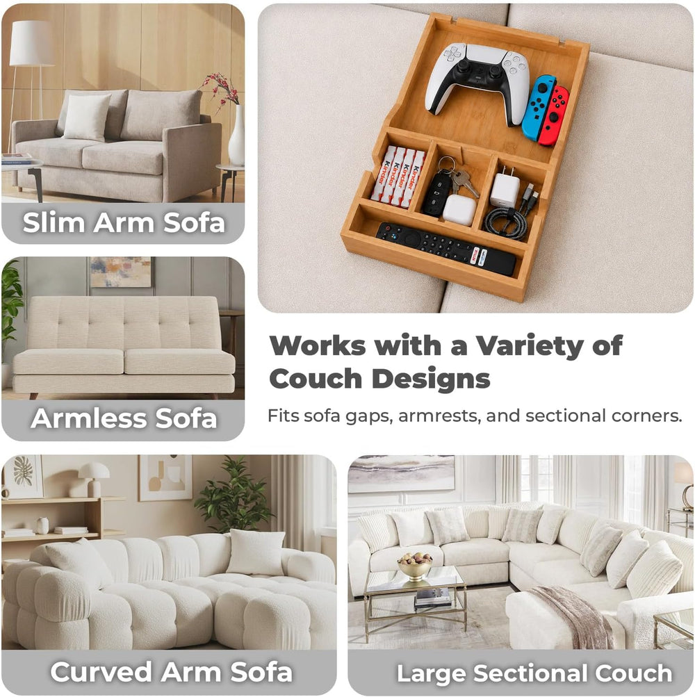 Couch Tray, 2-in-1 Insert & Flat Sofa Organizer Bamboo with Adjustable Cu...