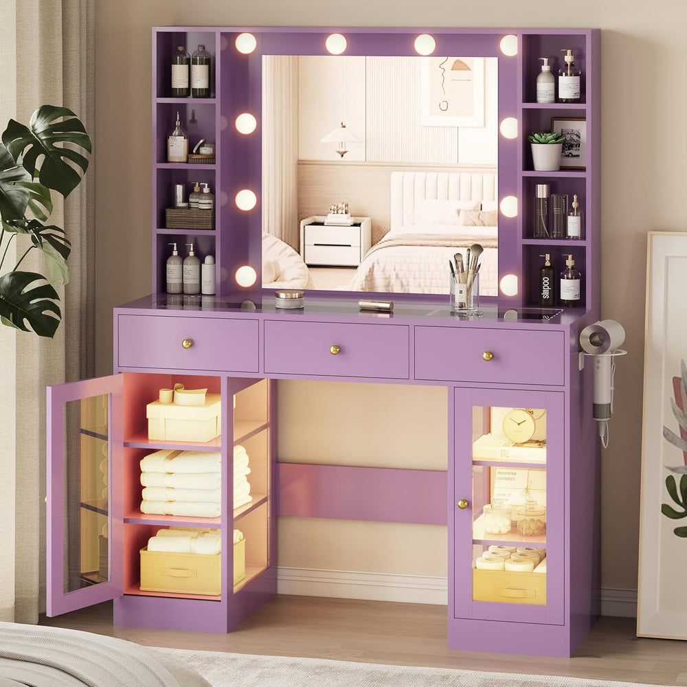 Xixini 43.3" Makeup Vanity with Mirror & Lights, RGB Glass Cabinets,...