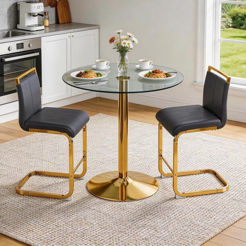 Glass Dining Table Set for 2, Round Bistro Set with Metal Frame, Compact 3-Pi...