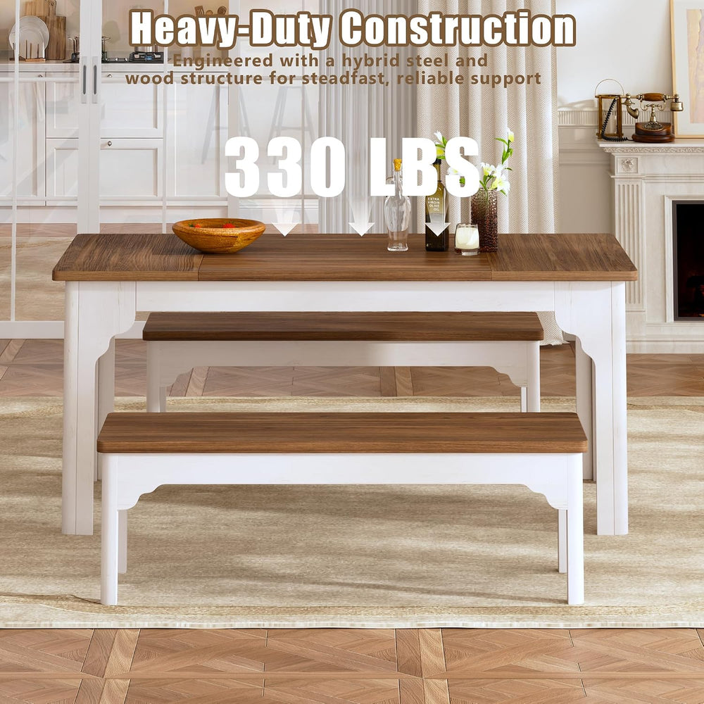 HUAHUU 63" Farmhouse Dining Table Set for 4-6, Kitchen Table with 2 Benc...