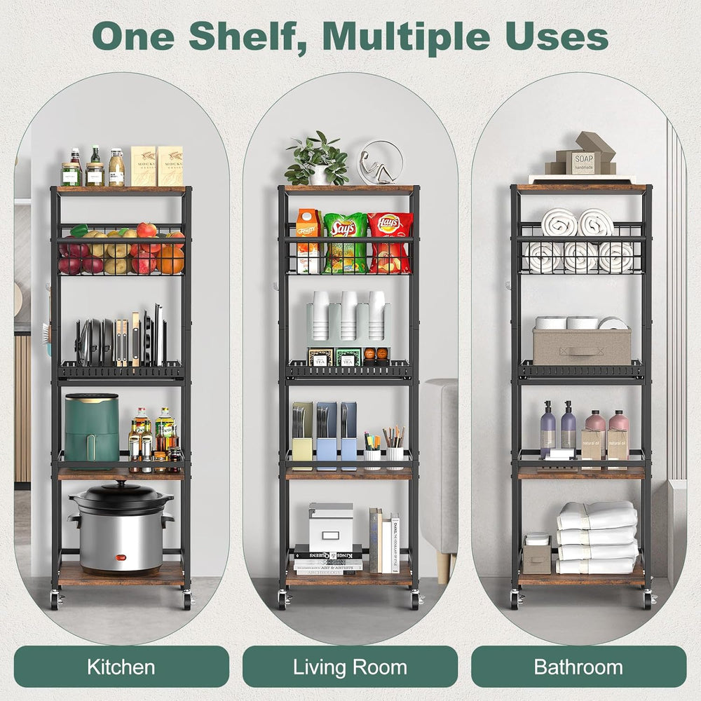 Housolution 5 Tier Kitchen Rolling Cart, Storage Cart with Metal Fruit Vegeta...