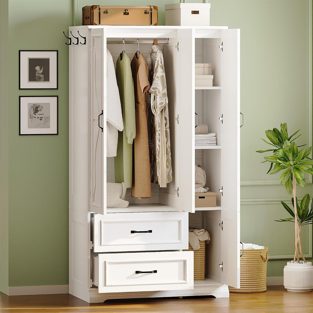 LIKIMIO Armoire Wardrobe Closet with 4 Doors and Drawers, White | Wardrobe Ca...