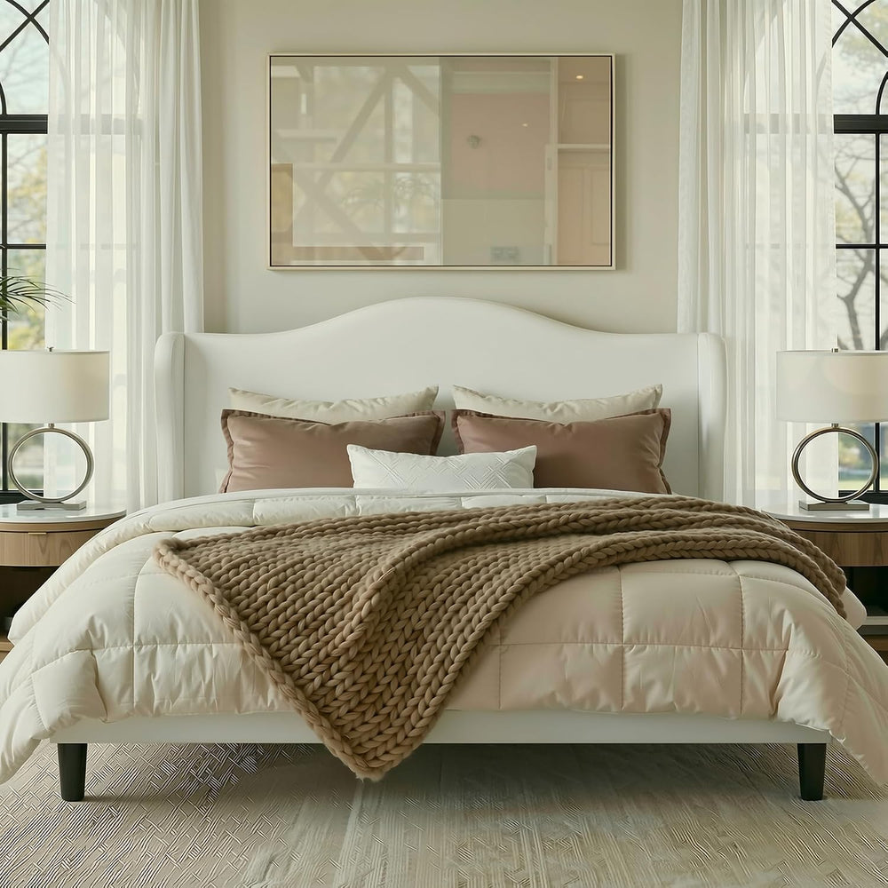 Allewie King Size Bed Frame, Plush Velvet Wingback, Modern Style, White