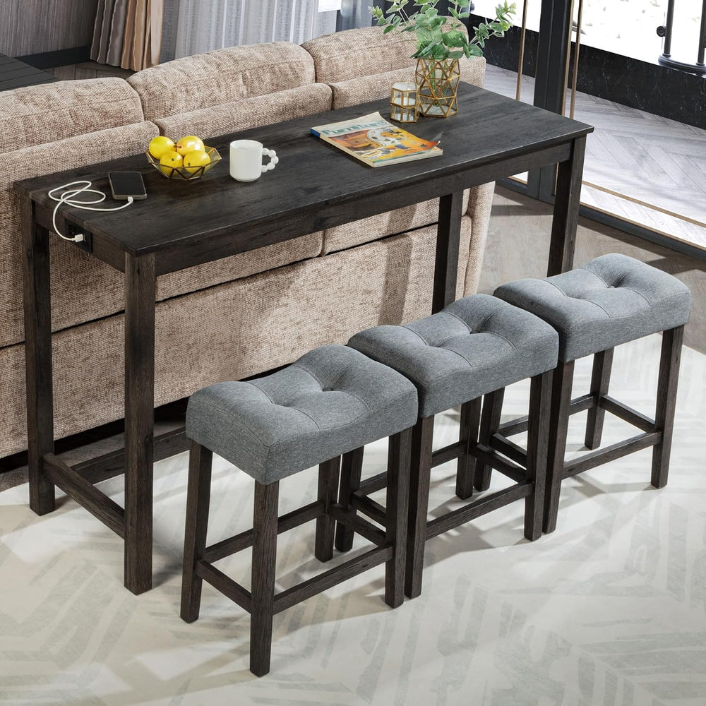 KEIKI 4-Piece Bar Table Set with Power Outlet, USB Ports, and 3 Padded Stools...