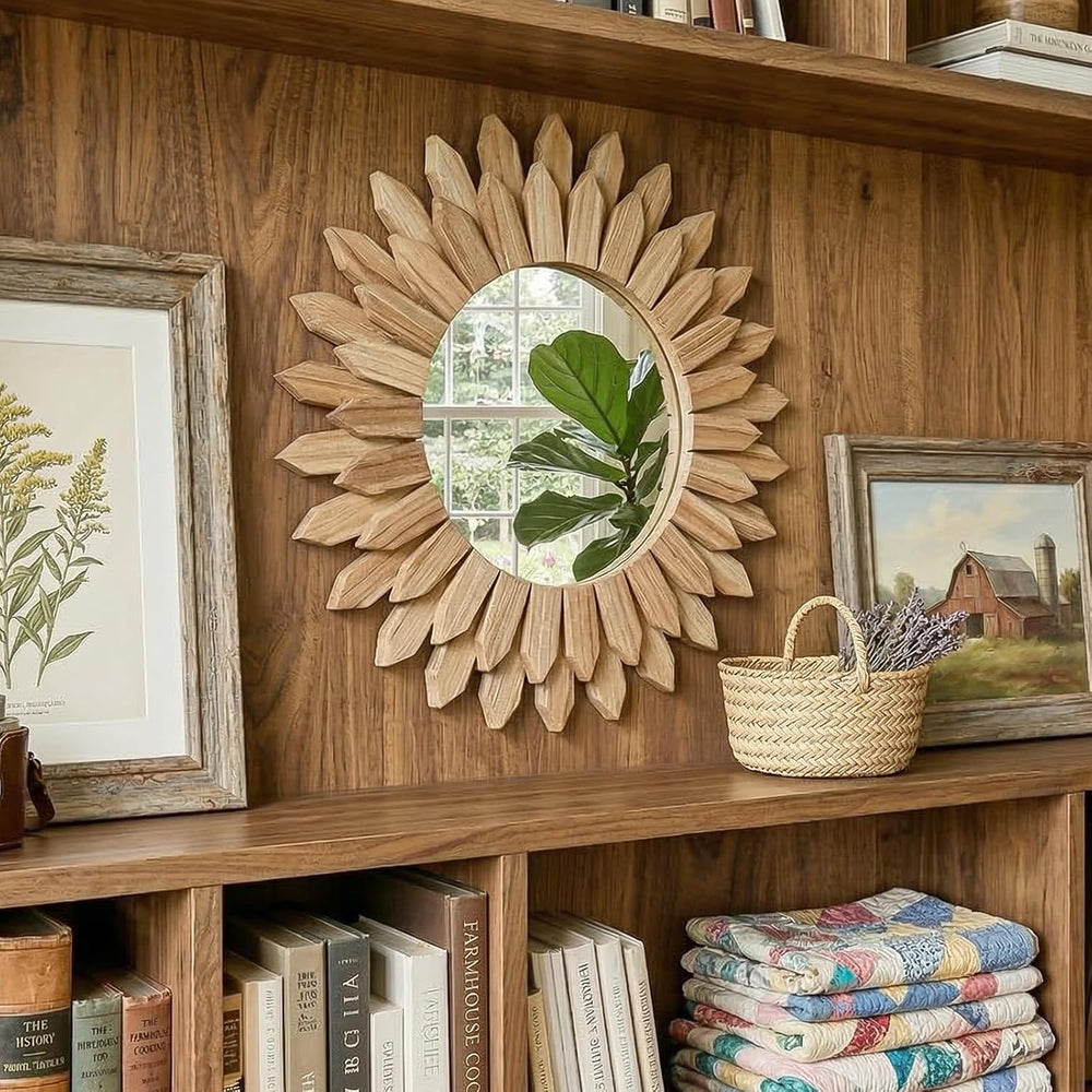20" Round Sunburst Wooden Mirror Boho Rustic Wall Decor