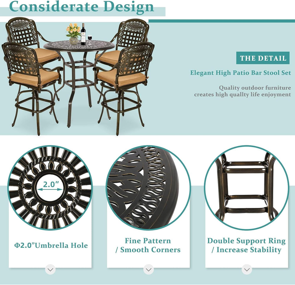 MEETWARM 5-Piece Patio Swivel Bar Set, All-Weather Cast Aluminum Outdoor High...