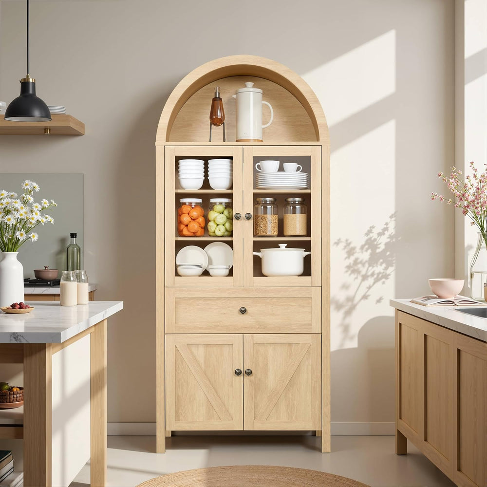 Retro Curved Cabinet, Arched Bookcase with Glass Doors, Natural Wood Display ...