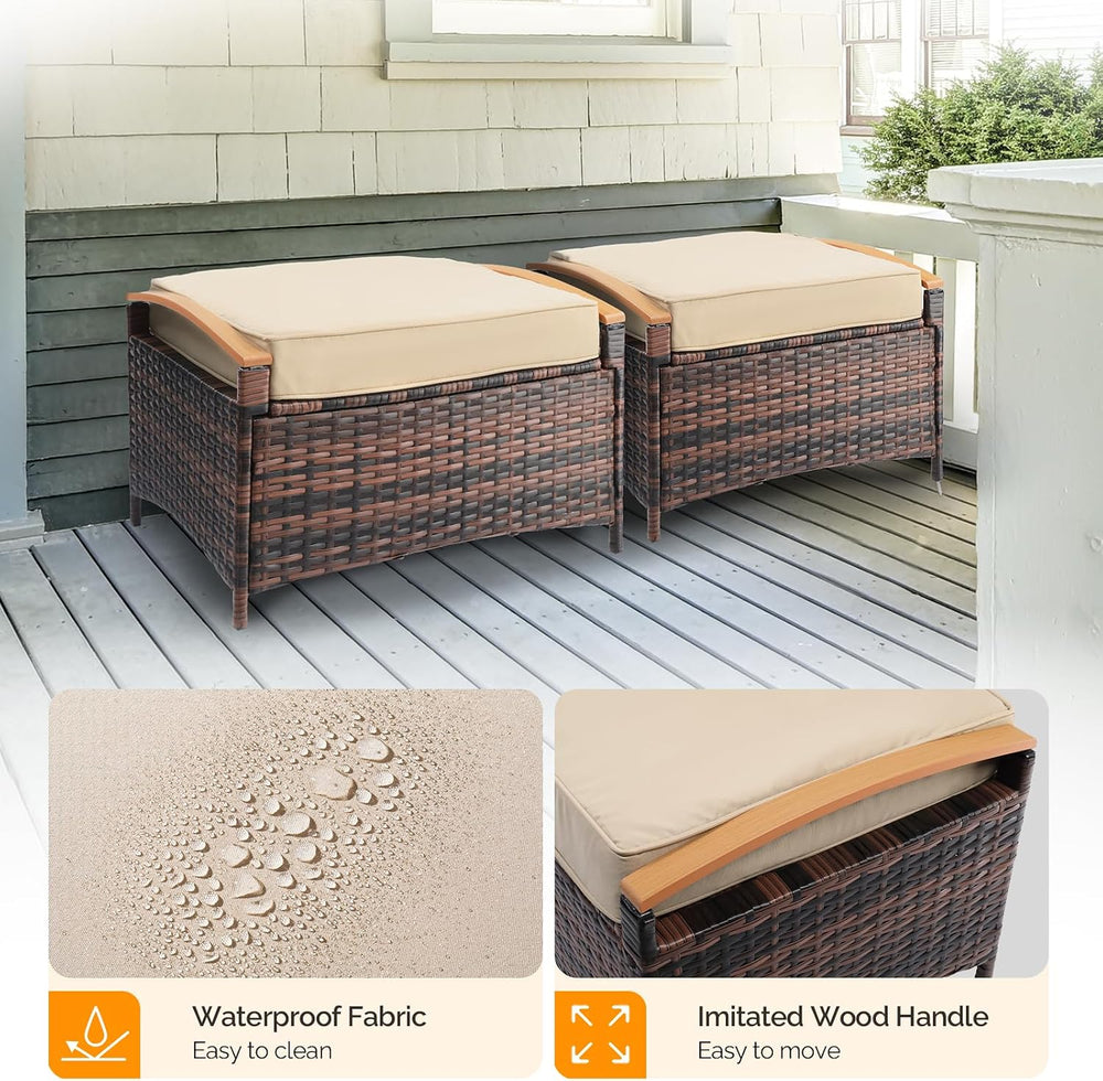 VINGLI 2 Pieces Rattan Ottoman with Storage, Wicker Patio Furniture w/Removab...