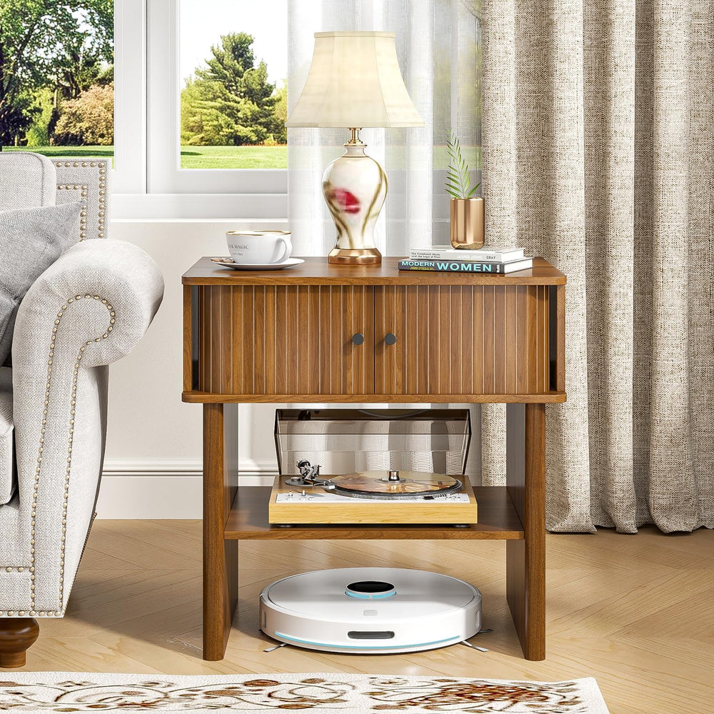 Fluted Nightstand Set of 2, Walnut End Table with Sliding Doors, Bedside Tabl...