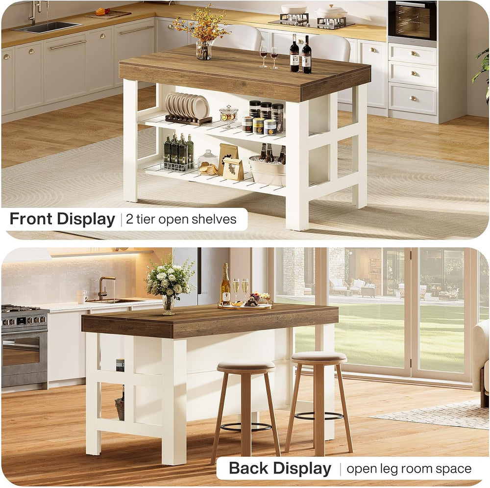 Tribesigns Kitchen Island with Storage Shelves, Farmhouse Wooden Stationary I...