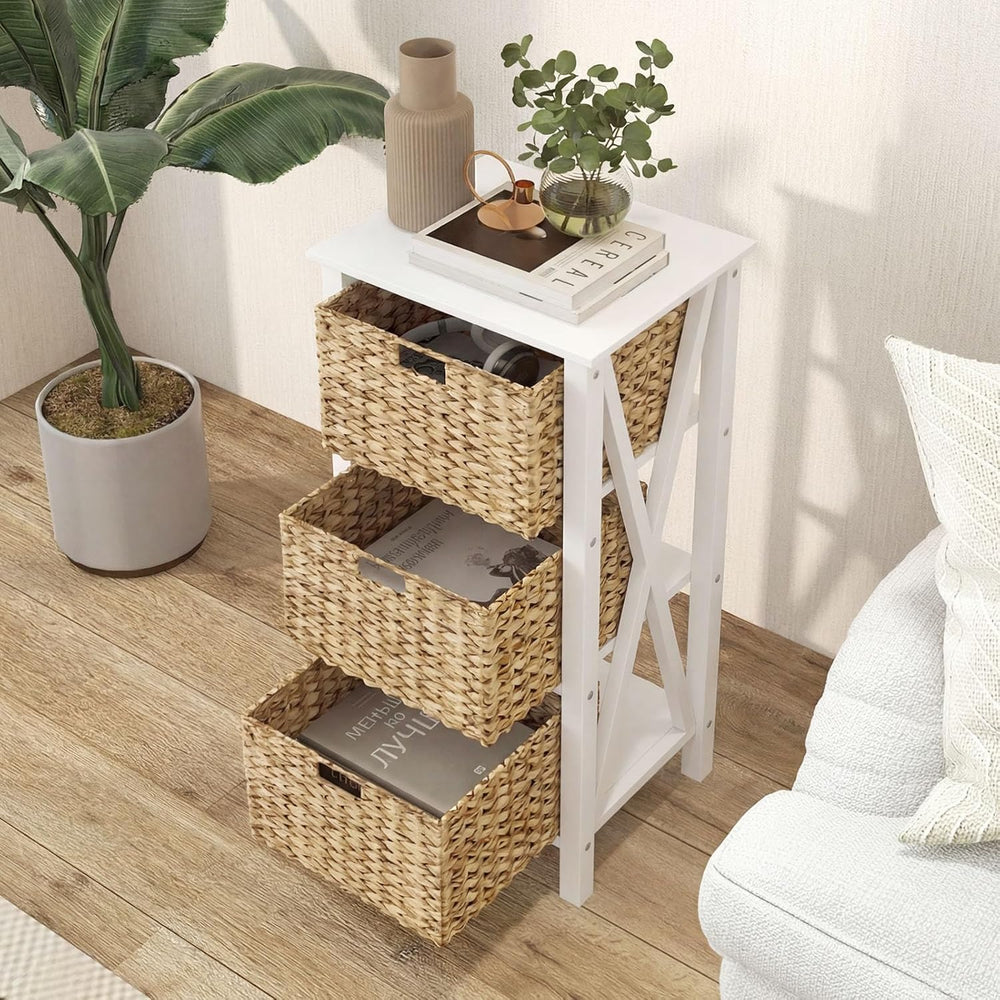 GOFLAME End Table with Wicker Drawers, Sofa Side Table with 3 Baskets, Rubber...